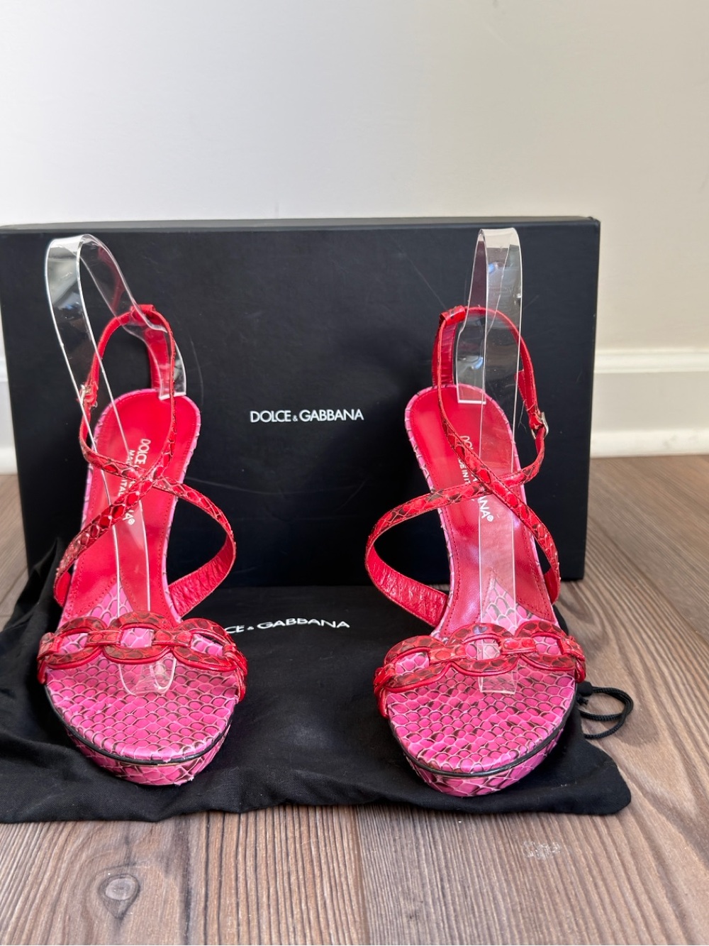 Dolce & Gabbana Vintage Women’s Pink/Red Animal Print Leather Strappy Heels 39.5